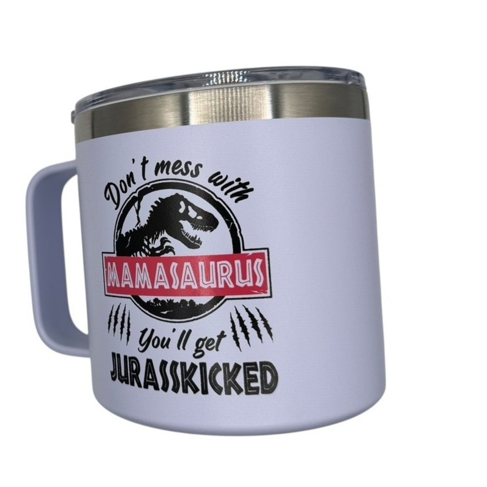 Insulated Coffee Travel Mug 4" Cup w Lid “Mamasaurus” Mom Funny Gift White